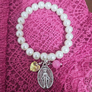 Miraculous Medal Virgin Pearl AB Swarovski Heart Pink Jade Stretch Bracelet